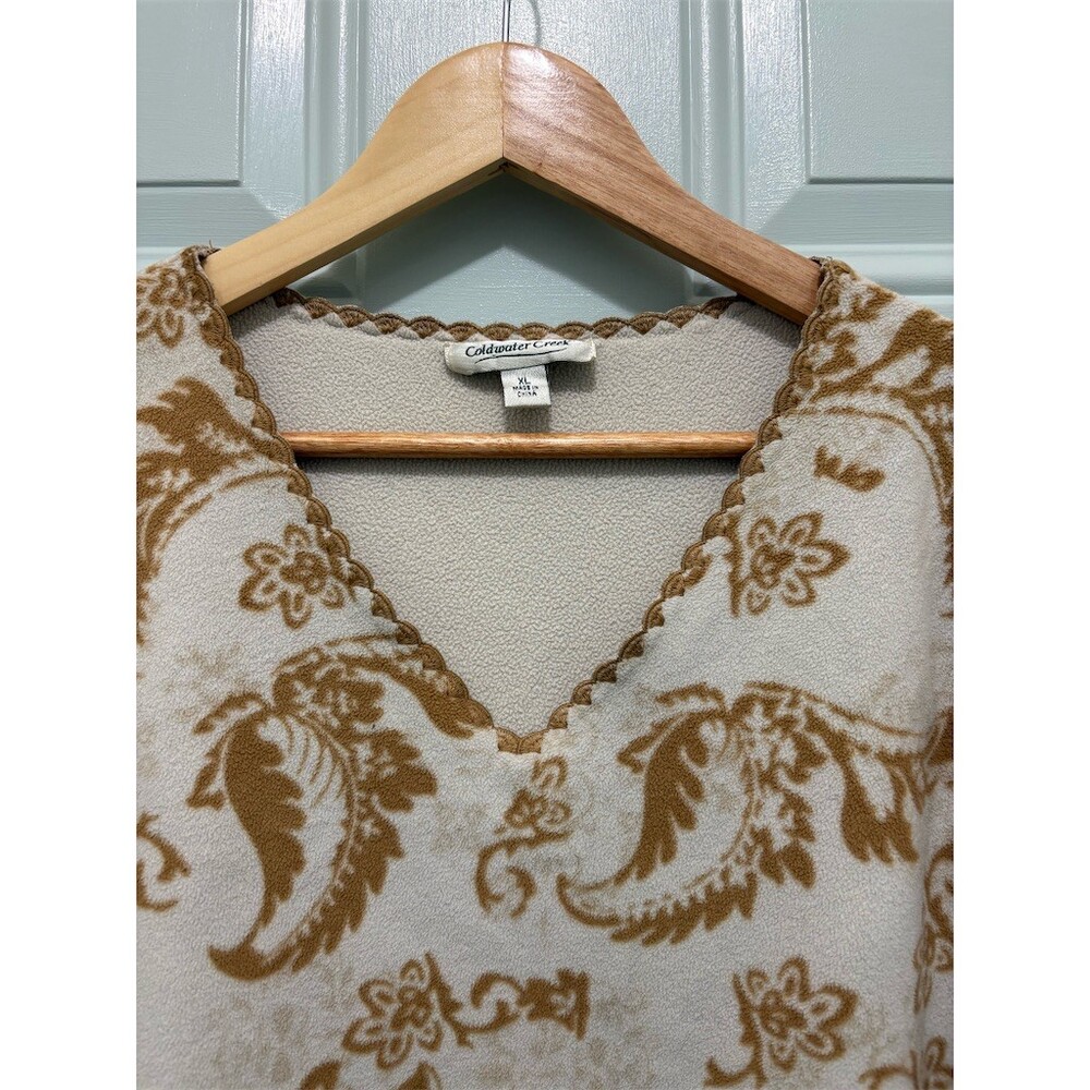 Coldwater Creek Sweater Womens XL Gold Cream Floral Fleece Pullover V-Neck - Picture 2 of 6